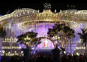 ১০ হাজার এলইডি-র মালায় সেজে উঠেছে শান্তিপুরের লিডার্স ক্লাবের মণ্ডপ