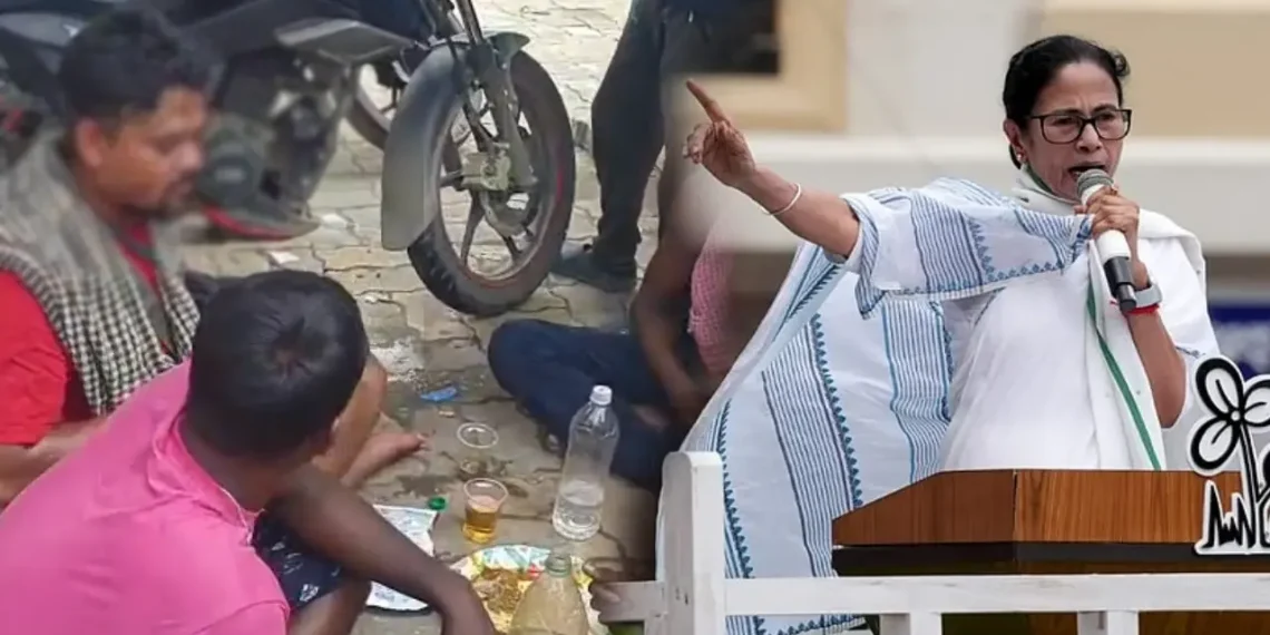 ২১ শে র মঞ্চে ভাষণ দিচ্ছেন দিদি। আমোদ-প্রমোদ মদ্যপানে ব্যস্ত তৃণমূলের কর্মী ভাইয়েরা